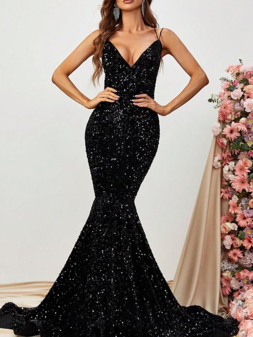 45-‎ NEW Embellished Backless Mermaid Slip Dress, V-Neck, Tie-Back Design